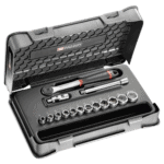 Facom 15-piece 3/8 metric 6-point socket set in a durable plastic case with ratchet and accessories.