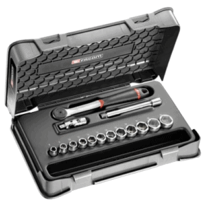 Facom 15-piece 3/8 metric 6-point socket set in a durable plastic case with ratchet and accessories.