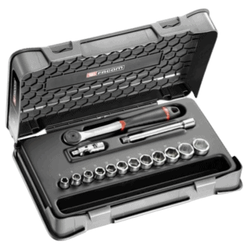 Facom 15-piece 3/8 metric 6-point socket set in a durable plastic case with ratchet and accessories.