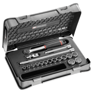 Facom 18-piece 3/8 metric 12-point socket set in a durable case, ideal for professional mechanics and DIY enthusiasts.