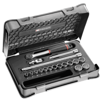Facom 18-piece 3/8 metric 12-point socket set in a durable case, ideal for professional mechanics and DIY enthusiasts.