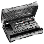 Facom 12-piece 3/8 inch 16-point socket set in a black plastic case with various sockets and tools inside.