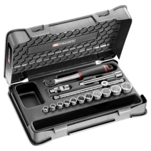 Facom 12-piece 3/8 inch 16-point socket set in a black plastic case with various sockets and tools inside.