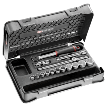 Facom 12-piece 3/8 inch 16-point socket set in a black plastic case with various sockets and tools inside.