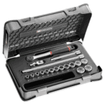 Facom 18-piece 3/8 metric 6-point socket set in a black case with ratchet and extensions.