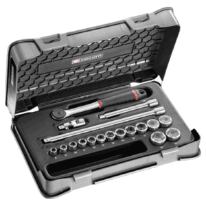 Facom 18-piece 3/8 metric 6-point socket set in a black case with ratchet and extensions.