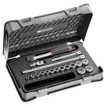 Facom 18-piece 3/8 metric 6-point socket set in a black case with ratchet and extensions.