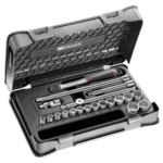 Facom 20-piece 3/8 metric 12-point socket set in a black case with various sockets and tools.
