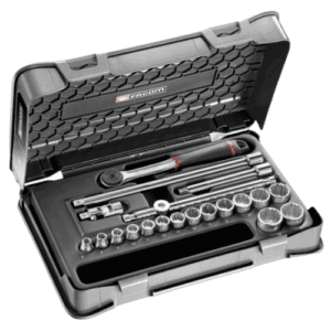Facom 20-piece 3/8 metric 12-point socket set in a black case with various sockets and tools.