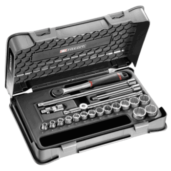 Facom 20-piece 3/8 metric 12-point socket set in a black case with various sockets and tools.