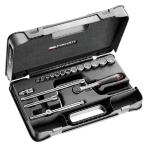 Facom 12-piece 3/8 inch 19-point socket set in a black case with various sockets and tools for automotive and mechanical work.