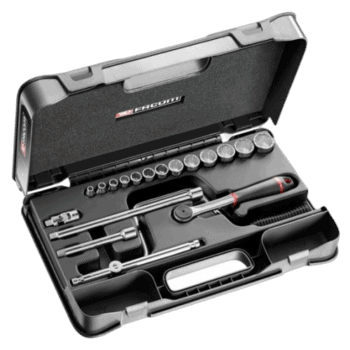 Facom 12-piece 3/8 inch 19-point socket set in a black case with various sockets and tools for automotive and mechanical work.