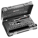 Facom 20-piece 3/8 metric 6-point socket set in a durable case, ideal for professional mechanics and DIY enthusiasts.