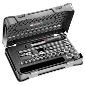Facom 20-piece 3/8 metric 6-point socket set in a durable case, ideal for professional mechanics and DIY enthusiasts.