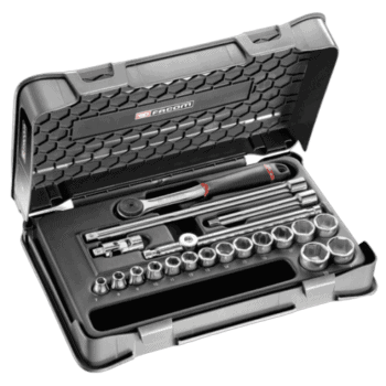 Facom 20-piece 3/8 metric 6-point socket set in a durable case, ideal for professional mechanics and DIY enthusiasts.