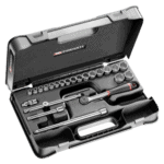 Facom 24-piece 3/8 inch metric 12-point socket set in a black case with ratchet and accessories.
