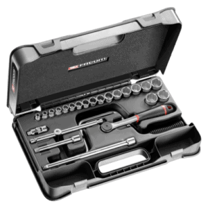 Facom 24-piece 3/8 inch metric 12-point socket set in a black case with ratchet and accessories.
