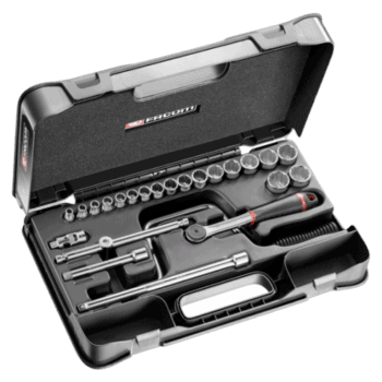Facom 24-piece 3/8 inch metric 12-point socket set in a black case with ratchet and accessories.