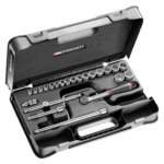 Facom 24-piece 3/8 metric 6-point socket set in a black case with ratchet and accessories.