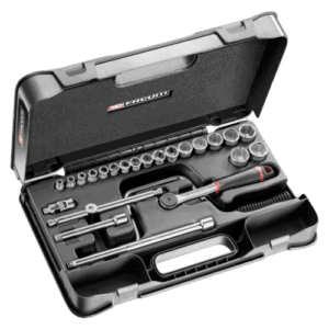 Facom 24-piece 3/8 metric 6-point socket set in a black case with ratchet and accessories.
