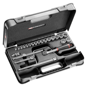 Facom 24-piece 3/8 metric 6-point socket set in a black case with ratchet and accessories.
