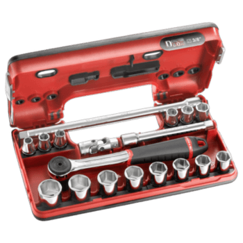 Facom 74-piece set of personal and technical education tools in a red plastic toolbox, ideal for DIY and professional use.