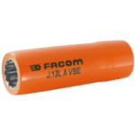 Facom J.LAVSE VSE series 1,000 Volt insulated long 12-point 3/8 sockets in orange for electrical work.