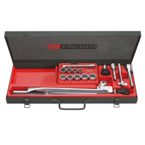 Facom R-J-S.205E modular socket set with various sockets and tools in a black and red case.