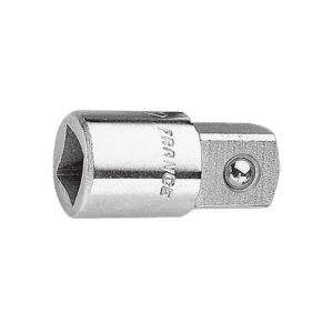 Close-up of a Facom 3/8 to 1/2 coupler J.232, chrome finish, with a hexagonal socket end and a screw for secure connection.