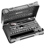 Facom 20-piece 3/8 inch metric 12-point socket set in a durable case, ideal for automotive and mechanical work.