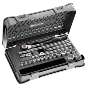 Facom 20-piece 3/8 inch metric 12-point socket set in a durable case, ideal for automotive and mechanical work.