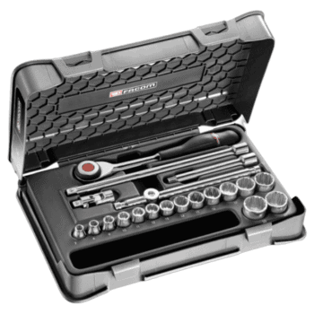 Facom 20-piece 3/8 inch metric 12-point socket set in a durable case, ideal for automotive and mechanical work.