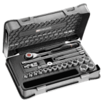 Facom 20-piece 3/8 inch metric 6-point socket set in a durable case, ideal for automotive and mechanical repairs.