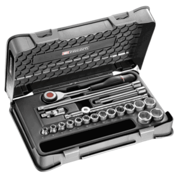 Facom 20-piece 3/8 inch metric 6-point socket set in a durable case, ideal for automotive and mechanical repairs.