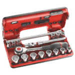 Facom 18-piece DBOX set of 6-point 3/8 sockets in a red case, ideal for professional mechanics and automotive repairs.