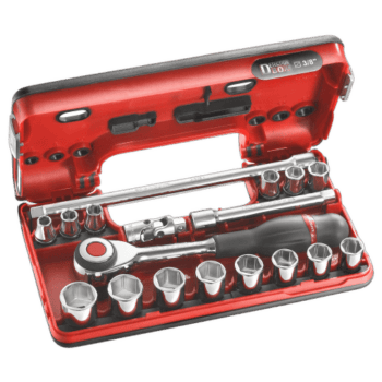 Facom 18-piece DBOX set of 6-point 3/8 sockets in a red case, ideal for professional mechanics and automotive repairs.