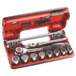 Facom 18-piece DBOX set of 12-point 3/8 sockets in a red case, ideal for professional mechanics and automotive repairs.