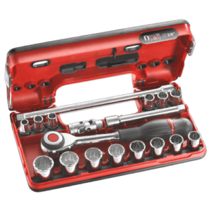 Facom 18-piece DBOX set of 12-point 3/8 sockets in a red case, ideal for professional mechanics and automotive repairs.