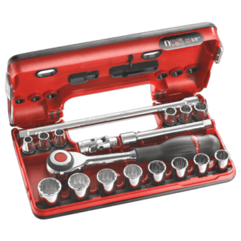 Facom 18-piece DBOX set of 12-point 3/8 sockets in a red case, ideal for professional mechanics and automotive repairs.