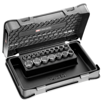 Facom J 3/8" socket set in a durable plastic case with a foam insert for organisation.