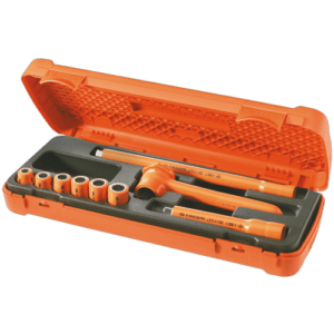 Facom VSE series insulated tools set in orange case, including screwdrivers and sockets for electrical work.