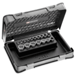 Facom J 3/8" socket set in a durable plastic case with a black finish and labelled compartments for easy organisation.