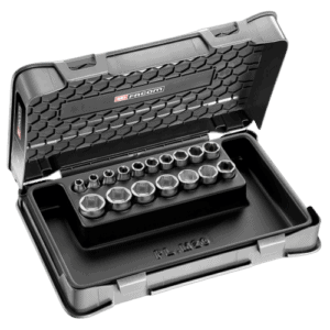 Facom J 3/8" socket set in a durable plastic case with a black finish and labelled compartments for easy organisation.