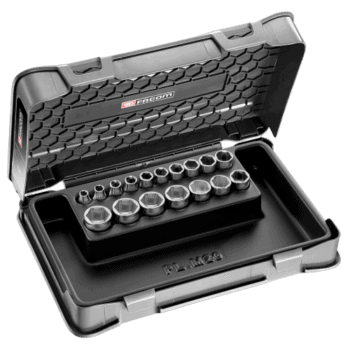 Facom J 3/8" socket set in a durable plastic case with a black finish and labelled compartments for easy organisation.