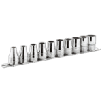 Set of Facom 10-piece 3/8" metric 12-point sockets on rack, ideal for automotive and mechanical work.