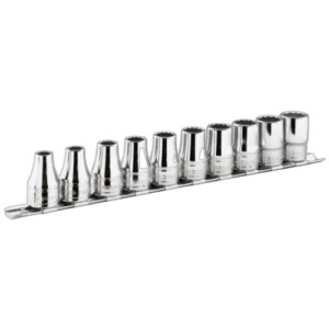 Set of Facom 10-piece 3/8" metric 12-point sockets on rack, ideal for automotive and mechanical work.