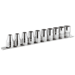 Set of 12 chrome 3/8 inch 12-point sockets on a metal rack, ideal for automotive and mechanical work.