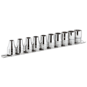 Set of 12 chrome 3/8 inch 12-point sockets on a metal rack, ideal for automotive and mechanical work.