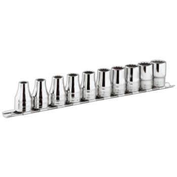 Set of 12 chrome 3/8 inch 12-point sockets on a metal rack, ideal for automotive and mechanical work.