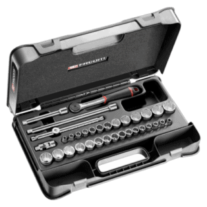 Facom 34-piece 3/8" metric and inch 12-point socket set in a black case with various sockets and tools.